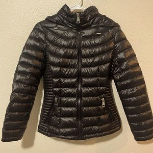 HP Calvin Klein black hooded puffer jacket premium down 7*warmth factor packable